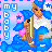Pixel art contact sheet showing two animated frames of a cartoon character holding a doll with pink accents against a blue gradient background, featuring vertical text "my bobby" on the left side.