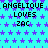 Pixelated text repeats across a cyan background with purple stars, showing 'ANGELIQUE LOVES ZAC' in black block letters. A gray rectangle covers the bottom-right corner.