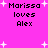 Pixelated text on bright pink background with white starbursts; four identical display "Marissa loves Alex" in black block letters