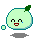 Two pixelated green circular characters with teal outlines, each with a single green leaf on top, smiling faces, and blue tears, one with a floating square bubble on the left.
