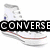 A pixelated image of a white sneaker with brown accents, overlaid with the text "CONVERSE" in bold black letters.