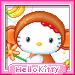 Hello Kitty avatar with brown headband and orange flower, holding green stem against gray background with pink border.