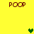 Yellow background with four brown 'POOP' text blocks and three green pixelated hearts in different positions.