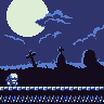 Pixel art animation of a dark blue night scene with light blue clouds, multiple white crescent moons, and silhouetted tombstones on a platform.