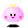 A 4-frame pixel art animation of a pink, round character with yellow bow and red blush marks on cheeks, showing subtle facial expression changes across frames.