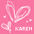 Pink background with white pixelated heart shapes and the text KAREN in block letters.