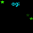 Pixelated blue text 'ogi' appears with green stars on a black background, stars shift positions across frames.