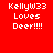 Red background with white pixelated text reading "KellyW33 Loves Deer!!!!" in two identical side-by-side