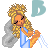 Pixel art animation of a cartoon woman with blonde hair and angel wings in two frames showing slight pose changes, each frame featuring a large blue letter B above her.