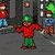Pixelated character in red shirt and green pants extends arms outward in , with background characters in blue and red shirts visible behind