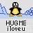 Pixelated penguin with yellow belly and orange feet stands on blue ice-like background with text "HUGME iloveu" and "Get a Buddy icon at badass" in black and red.