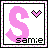 Pixelated pink 'S' with black text 'samie', a heart symbol, and decorative borders.