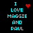 Pixelated cyan text on black background reads "I LOVE MAGGIE AND PAUL" with red heart and starburst symbols in different frames.
