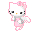 Pixelated pink Hello Kitty character with black eyes, orange nose, and white face wearing a pink dress and bow, shown in two poses.