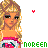 Pixelated blonde woman in pink strapless dress with white and blue accents, green text "noreen" below, red heart symbols floating near her head.