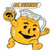 Yellow cartoon character with a smiling face, black eyes and mouth, holding a silver pitcher pouring liquid into its own head.