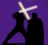 Silhouetted figures in combat poses against a purple background, with yellow and white light effects changing across frames.