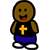 Pixelated character with brown skin, black eyes, red mouth, yellow cross on black shirt, blue shorts, white shoes against gray background.