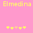 Yellow pixelated text "Elmedina" on pink background with two of yellow and peach star-like shapes