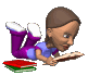 A cartoon character in purple pants and blue shirt lies on a gray background reading a book, with red-and-green stacked books beneath them.
