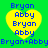 Static image with green background, four yellow hearts containing blue text 'Bryan' and 'Abby', and a horizontal line of repeating text below.