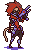 Pixel art character with red hair and mask firing a purple gun, showing animation frames of shooting, reloading, and health effects.