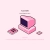 Pixelated pink and purple object with dark interior, two smaller pink shapes on left and right, light pink background.