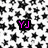 Static image with black star pattern background, three text elements in distinct colors and styles.