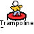 Pixelated animation of a figure in yellow shirt and blue pants on red trampoline, showing sequential poses from standing to mid-air jump.