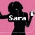 Black silhouette of a person with headphones holding a white device against pink background, text 'Sara' overlaid on left view.