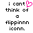 Pixelated text reads "i cant think of a flippinnn iconn." with a pink heart symbol replacing the 'o' in 'cant'.