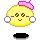 Yellow circular character with pink bow, white ear-like shapes, and black shadow; left view shows open eyes and red mouth, right view shows closed eyes.
