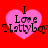 Four identical pink heart-shaped icons with black text "I Love Mattyboy" on a solid red background, arranged in a