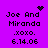 Purple background with black pixelated text reading "Joe And Miranda xoxo. 6.14.06" and animated symbols changing between frames.