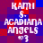 Pixelated text 'KAMI S. ACADIANA ANGELS 03' repeated in a on red and blue checkered background