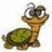 Pixelated cartoon turtle with large eyes and green shell on white background, next to green with text "Courte the tortious! OH MY!"