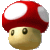 Pixelated red and white mushroom-shaped head with beige body, two dark eyes on a rounded face against gray background.