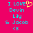 A static pixel art image with a bright pink background displays cyan text and symbols including "I LOVE" with a yellow heart, "Devin", "Lily", "& Jacob", and a cyan heart symbol.
