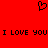 Red background with black pixelated heart symbol above repeated text "I LOVE YOU I LOVE YOU" in blocky font.