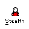 Animated contact sheet of a pixel art character in various poses and interactions with objects, all labeled "Stealth" beneath each frame.