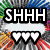 Pixelated image with 'SHHH' text above three white hearts in a speech bubble, colorful abstract background.