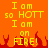 Pixelated orange background with yellow text reading "I am so HOTT I am on FIRE!" and red flame shapes at the bottom.
