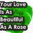 Green rose with text overlays: 'Your Love Is As Beautiful As A Rose', 'A Rose So Soft And So Gentle', and 'I Love You Jacob' in black and red fonts.