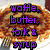 A pixelated image of a stack of pancakes with syrup and butter, overlaid with purple text reading 'waffle, butter, fork & syrup' on the left side.