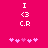 A static pixel art icon with a bright pink background, white text and symbols arranged vertically, and five small pink hearts at the bottom.
