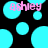 Pixelated cyan circles float on black background with pink text reading 'ashley' in two positions.
