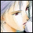 Pixelated anime-style character with light hair and red eyes, side profile against black background with text elements.