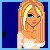A 4x3 contact sheet of pixel art frames showing a cartoon female character in various poses and outfits with text elements, all on blue backgrounds.
