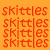 Six colored display repeated 'skittles' text and a central purple with 'Taste the Rainbow' in black pixelated font