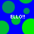 Blue background with green circles and four instances of 'ELLO!!' text in white pixelated font.